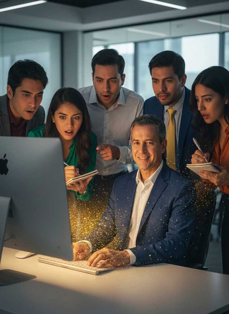 Ejecutivo liderando equipo mediante el uso de inteligencia artificial y automatización